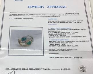 18KT WHITE & YELLOW GOLD EMERALD & DIAMOND RING SIZE 7.25, 1.01cts EMERALDS, 0.86cts DIAMONDS, 5.8g TOTAL WEIGHT, IAS APPRAISAL $ 4,790.00