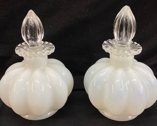 PAIR OF FENTON MILK GLASS MELON, SILVER CREST PERFUME BOTTLES