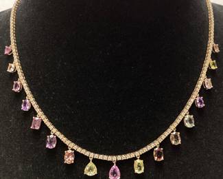 18KT YELLOW GOLD MULTI COLOR SAPPHIRE & DIAMOND NECKLACE, 18.5in L, G.I.A. CERTIFIED EXTREMELY RARE UNHEATED SAPPHIRES, 12.34cts SAPPHIRES, 4.63cts DIAMONDS, 28.8g TOTAL WEIGHT, AIGL APPRAISAL $74,720.00