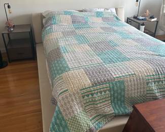 All modern queen platform bed frame / linen $350 (needs to be disassembled) 2 modern bedside tables $50 (lamps and mattress are not for sale)