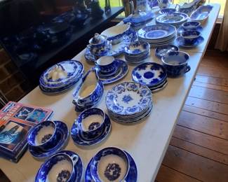 Antique Victorian Floe Blue pottery, ironstone collection of dozens of pieces and patterns