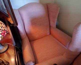 rose upholstered wing chairs, vg condition
