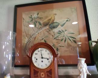 Mantle clocks, painting of cockateels