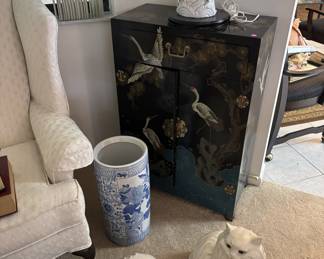 2 Ceramic cats, umbrella stand, oriental cabinet .