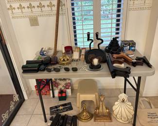 Assortment of plate stands, wall sconces, candlesticks. 