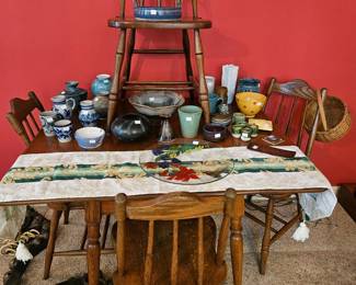 Pottery and Oak Table Set