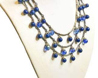 Triple Strand Blue Bead Dangle Necklace