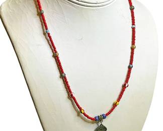 Red Bead Necklace With Chinese Charm
