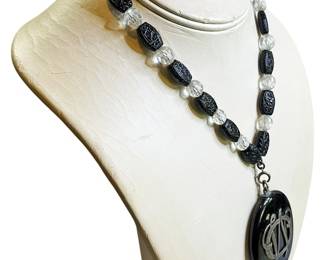 Black Carved Bead Necklace w Monogram