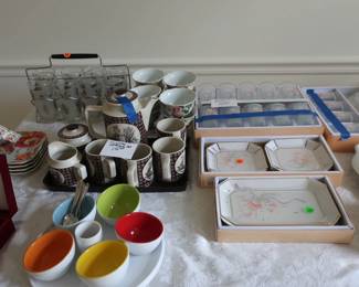 glasses, teapot   and  mugs, vintage  glasses  in  caddy