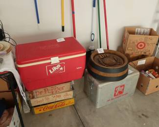 soda  and  beer crates, sign, coolers