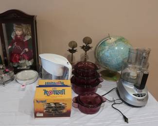 globe, doll  in  case,  kitchen  items