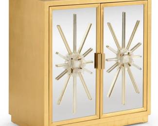 1506 - Chelsea House Starburst Cabinet, 2 Door 35" x 32" x 20" Rock crystal mounted on mirrored doors with antique brass handles. The case is wooden with gold leaf and one fixed shelf.