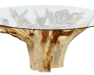 1855 - Elk Home New Orleans Dining Table Natural finish on teak root table base. Round glass table top. 34 x 72 x 72 Retail $9000