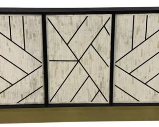 1524 - Nola Full Bone Inlay 3 Door Credenza 33" x 56" x 18" Retail $2390 A luxurious design for the home, the bone inlay buffet cabinet has been crafted with every detail in mind. In a textured finish, this buffet features three doors which open to reveal the interior shelves, with black finish all around for the added touch of luxe.