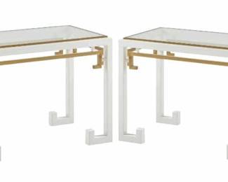 5001 - Pair Modern History Regent End Tables 24 x 34 x 18 The Regent End Table from Modern History is a neo - classically inspired replica of a european design. With a white lacquer finish, gold leaf decorative stretchers and table top trim, and clear glass top.