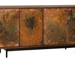 923x - Union Home Mod Reactive 4 Door Sideboard 69in W x 20in D x 33in H Retail Price $2580 Finish: Porto Dark, Powder Coat Material: Plantation Grown Acacia, Mild Steel has sticker residue that needs to be cleaned off