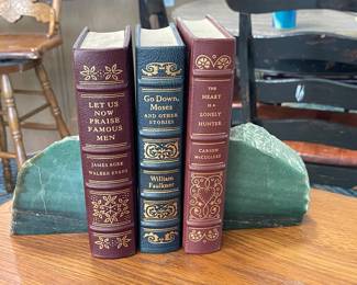 VINTAGE LEATHER BOUND BOOKS, STONE BOOKENDS