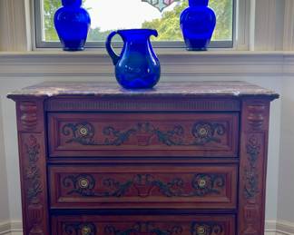 VINTAGE MARBLE TOP 3-DRAWER CHEST, HAND BLOWN COBALT BLUE PITCHER