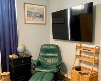 CHAIRWORKS CHAIR & OTTOMAN, SAMSUNG SMART TV, WICKER SHELF