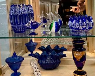 CRYSTAL BLUE CUT TO CLEAR VASE AND BOWL, ARTGLASS, BLUE PEDESTAL CANDY DISH, BLUE GILT VASE