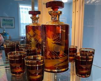 BOHEMIAN AMBER GLASS ETCHED STAG DECANTER & GLASSES