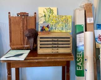 VINTAGE ART DRAWERS, PORTABLE EASEL, MASTER’S TOUCH EASEL, ORIGINAL ART BY OWNER, FULL FACE PLAGUE MASK