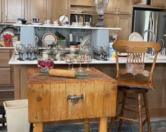 VINTAGE BUTCHER BLOCK, WOOD STOOL, FRANCISCAN STEMWARE, RUG