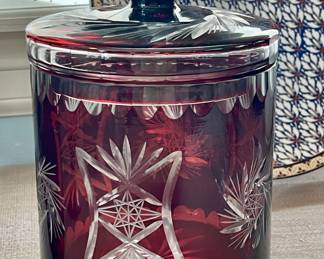 RUBY RED CUT TO CLEAR CRYSTAL BISCUIT JAR