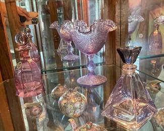 FENTON ORCHID WISTERIA COMPOTE,SC LINE ITALIAN GLASS PINK COLOGNE PERFUME BOTTLE WITH STOPPER