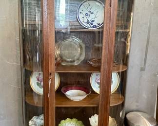 VINTAGE OAK CURVED GLASS CURIO CABINET