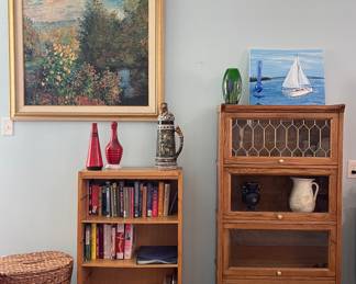 VINTAGE LAWYER BOOKCASE, WOOD BOOKSHELF, BOOKS, ART, FRANKOMA VASES, ARTGLASS