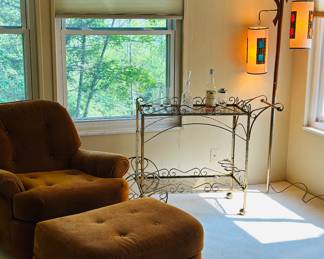 MCM furniture, pole lamp, bar cart