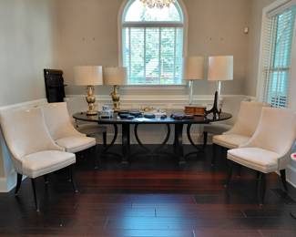 Stunning dining table with (1) 24" extension. 6 beautiful custom chosen upholstery chairs!