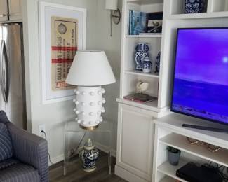 Lucite accent table; Visual Comfort ceramic table lamp