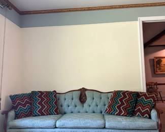 blue damask tufted sofa