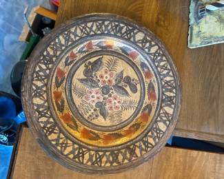 hand carved hand painted wooden decorative plate 