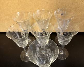 floral etched glass cordial glasses 