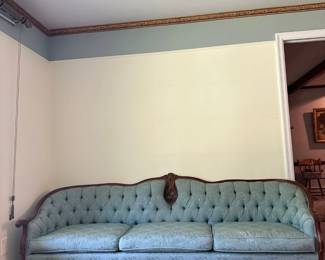 blue damask tufted sofa 