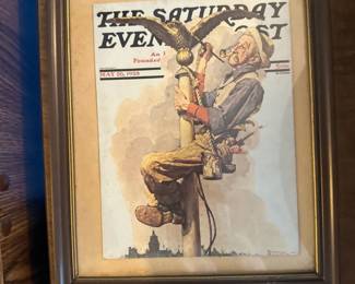 framed cover of The Saturday Evening Post "Painting the Flagpole (Guilding the Eagle)" by Norman Rockwell 