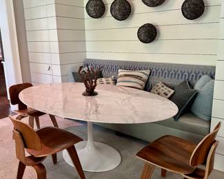 Saarinen Style Oval Dining Table - Carrera marble top 78” x 48” x 29” tall 

Thompson Chairs in Bent Walnut Plywood