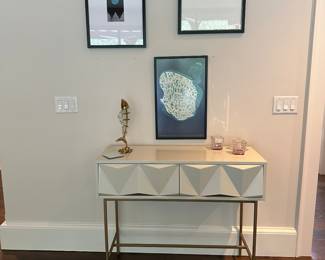 Sculpted Geo Console And framed art 