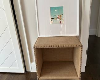 Burlap covered multipurpose ottomans and shelving 