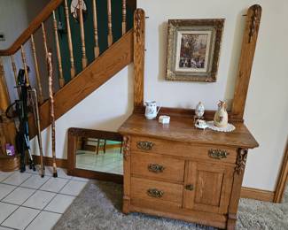 Oak wash stand dresser with missing mirror. Pic is an original painting. Nice canes and walking stick and wall mirror in oak.