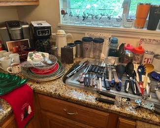 Keurig, coffee pot, vintage glassware, etc…