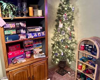 Bookcase, Christmas Tree in Pot, Wicker shelf, Games