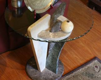 Art Deco Style Marble Pedestal End Table W/Pie Crust Glass Top