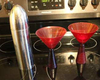 Art Deco Bullet Cocktail Shaker, Mikasa Ruby Red Martini Glasses