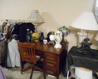 walnut desk , oak desk chair, lamps