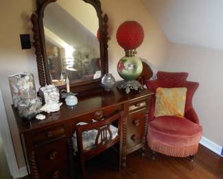 walnut dresser part of bedroom suite,nice lamps , victorian chair